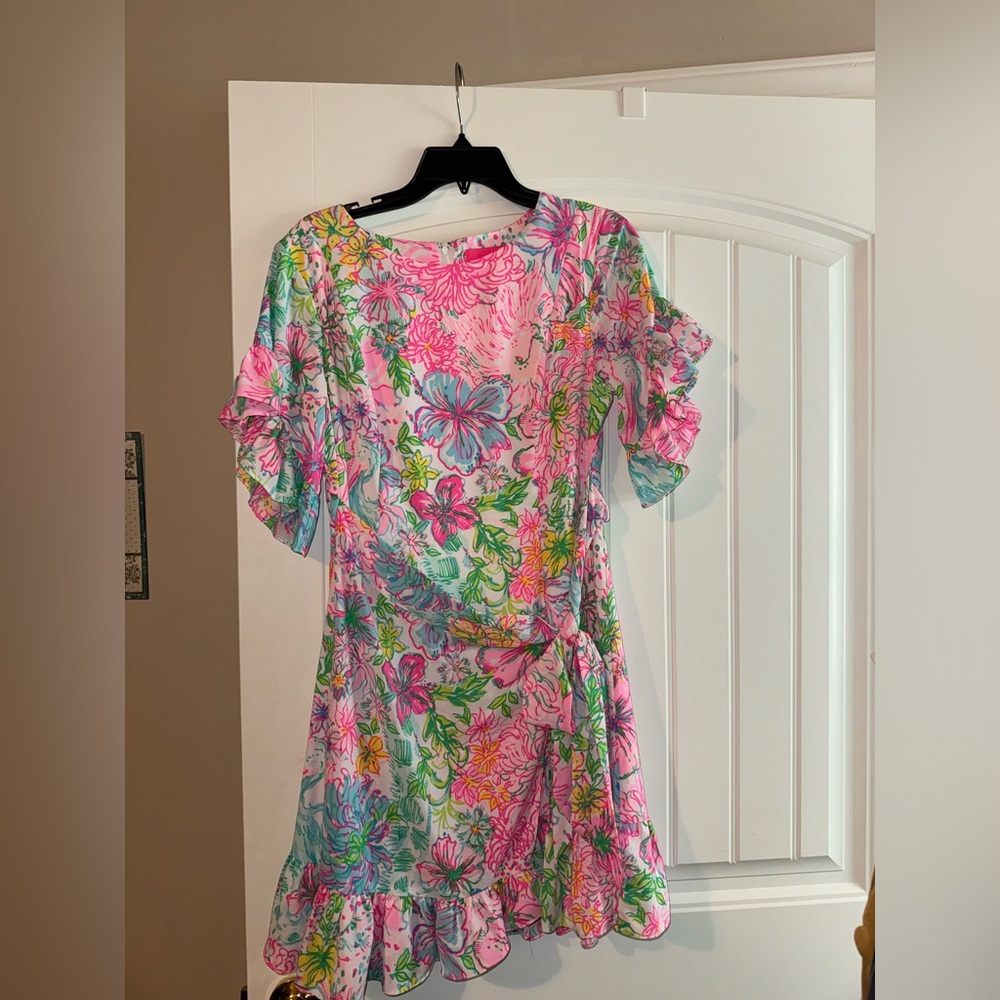 Lilly Pulitzer Pink and Green Ruched Wrap Midi Sundress